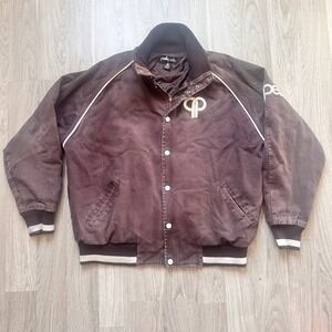 Pelle Pelle Mens Brown Bomber Jacket Spell Out Logo USA Size XXL
